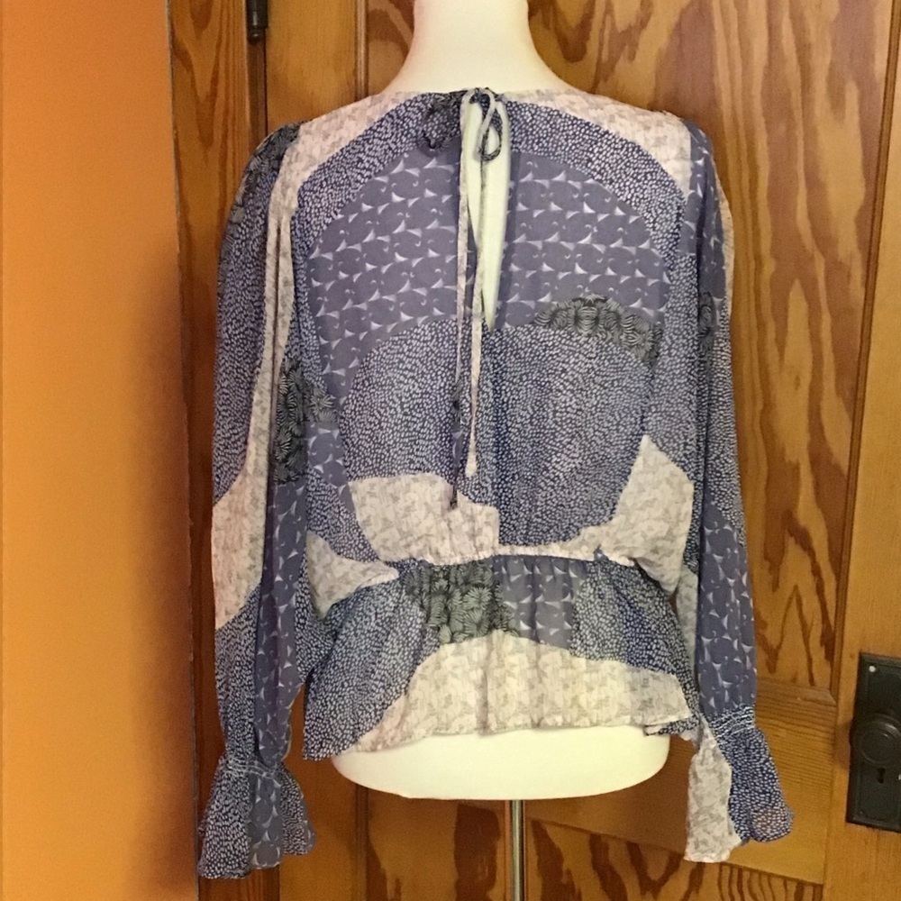 BB Dakota Patchwork Peplum Blouse Medium Boho Cottagecore Sheer Sleeve Ruffle - Picture 8 of 15